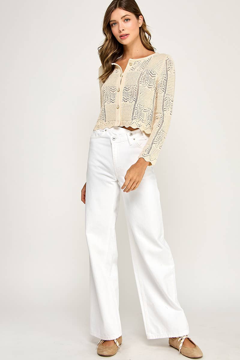 CROCHET KNIT BUTTON-FRONT CARDIGAN