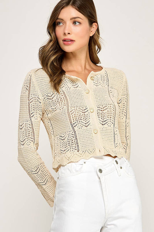 CROCHET KNIT BUTTON-FRONT CARDIGAN