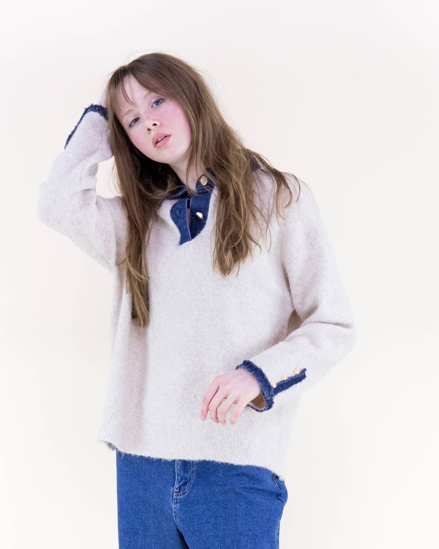 Denim Trim Comfy Boyfriend Sweater