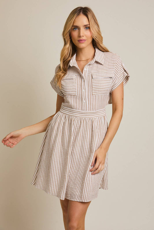COLLAR BUTTON UP ROLL UP SHORT SLEEVE STRIPE MINI DRESS