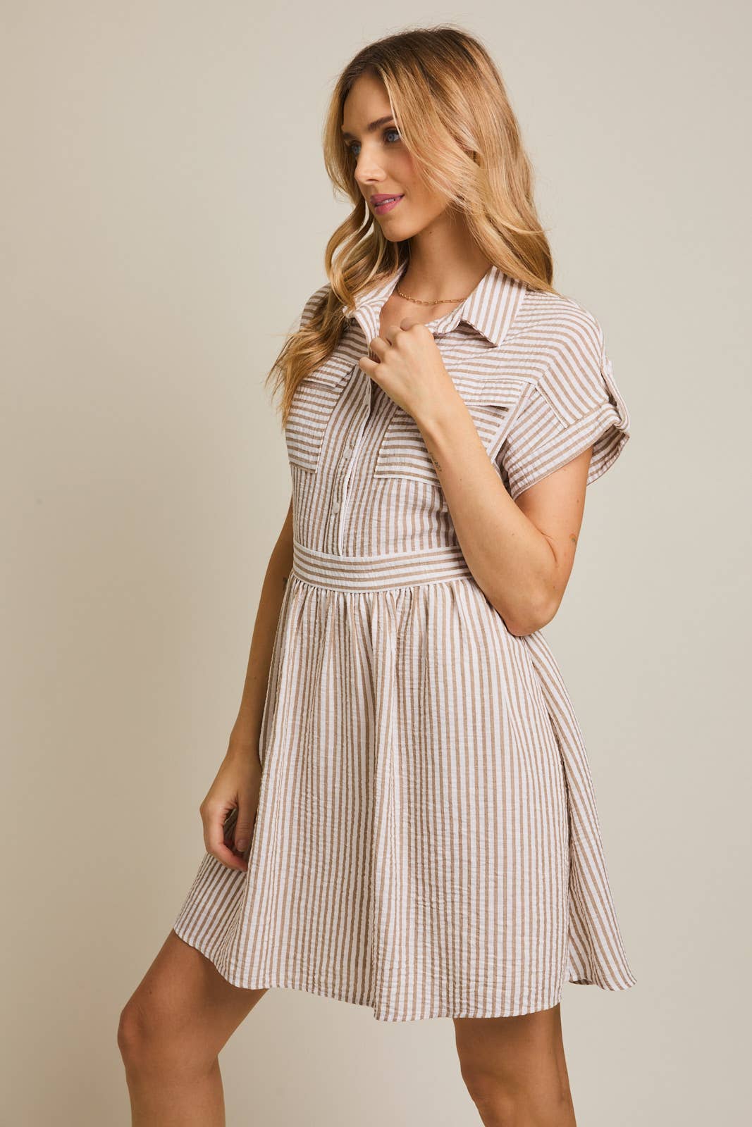 COLLAR BUTTON UP ROLL UP SHORT SLEEVE STRIPE MINI DRESS