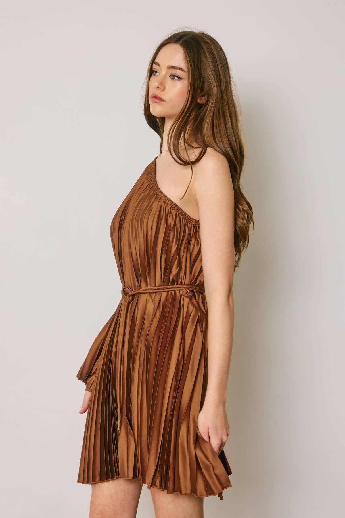 One Shoulder Pleated Satin Mini Dress