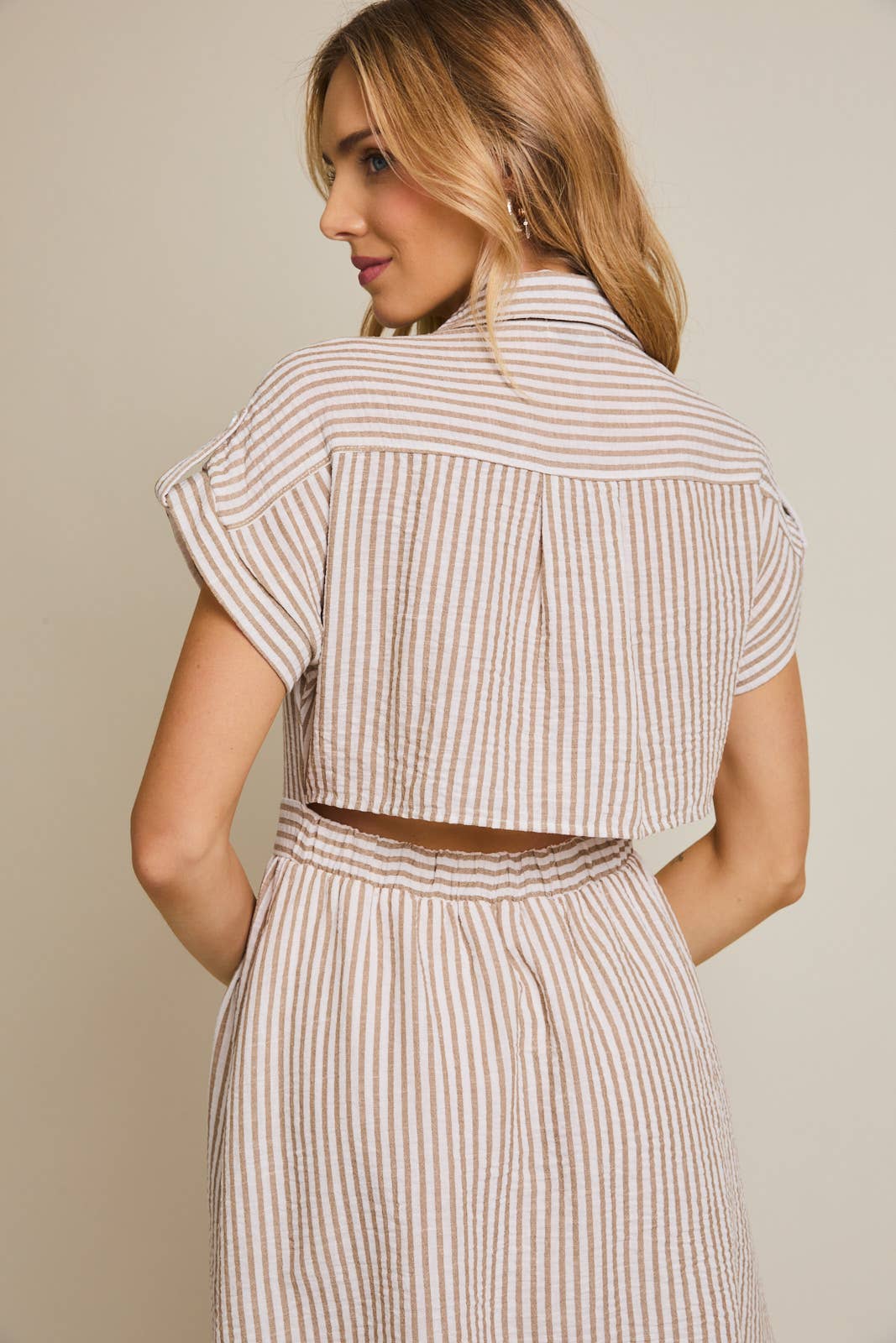 COLLAR BUTTON UP ROLL UP SHORT SLEEVE STRIPE MINI DRESS
