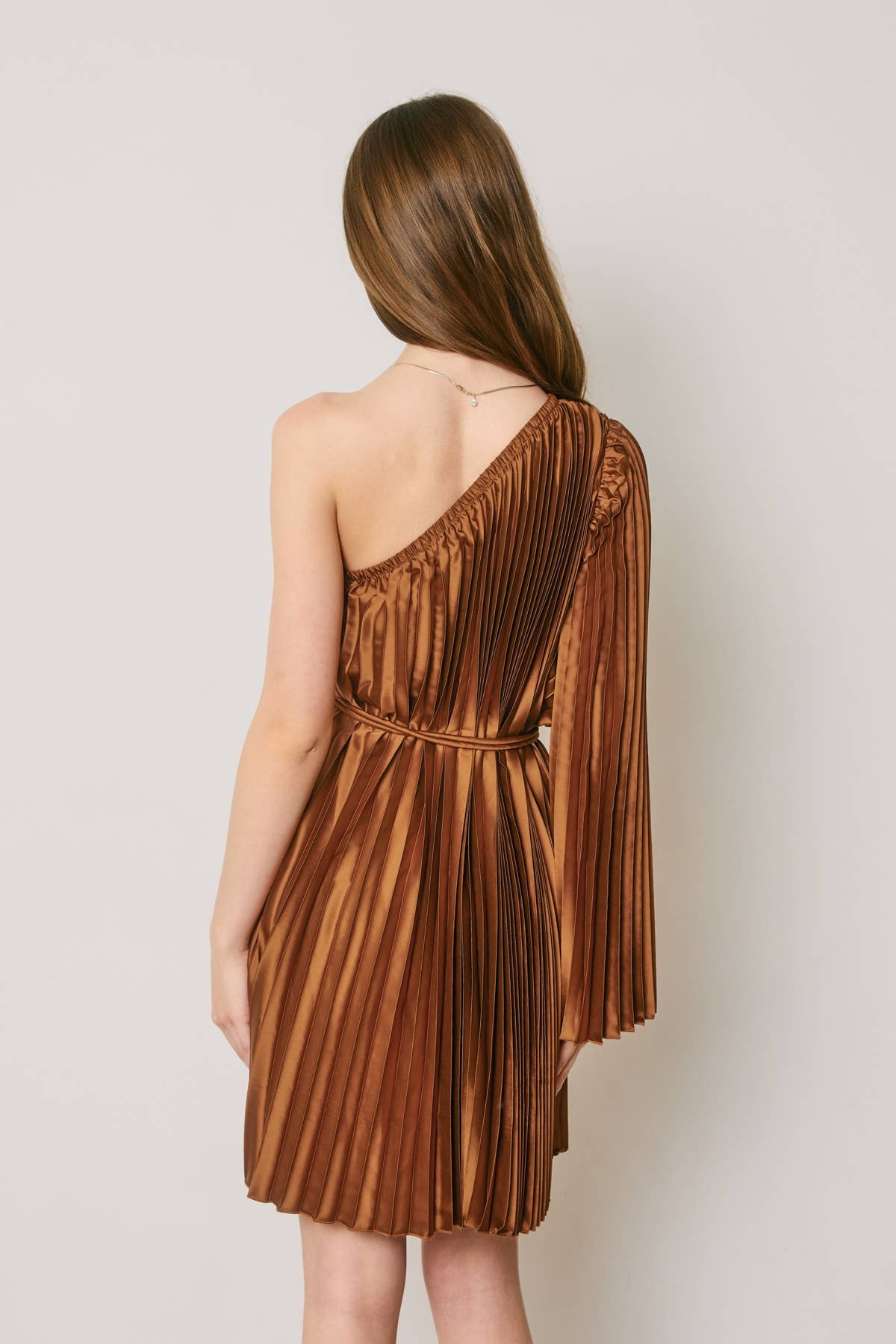One Shoulder Pleated Satin Mini Dress