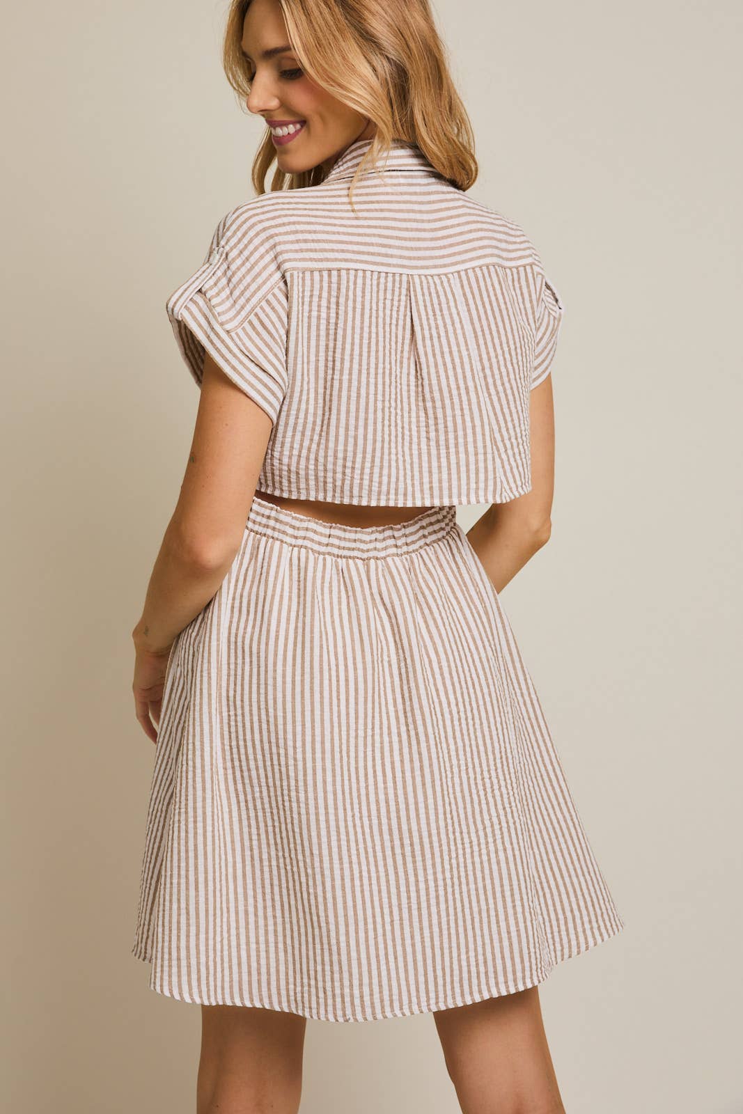 COLLAR BUTTON UP ROLL UP SHORT SLEEVE STRIPE MINI DRESS