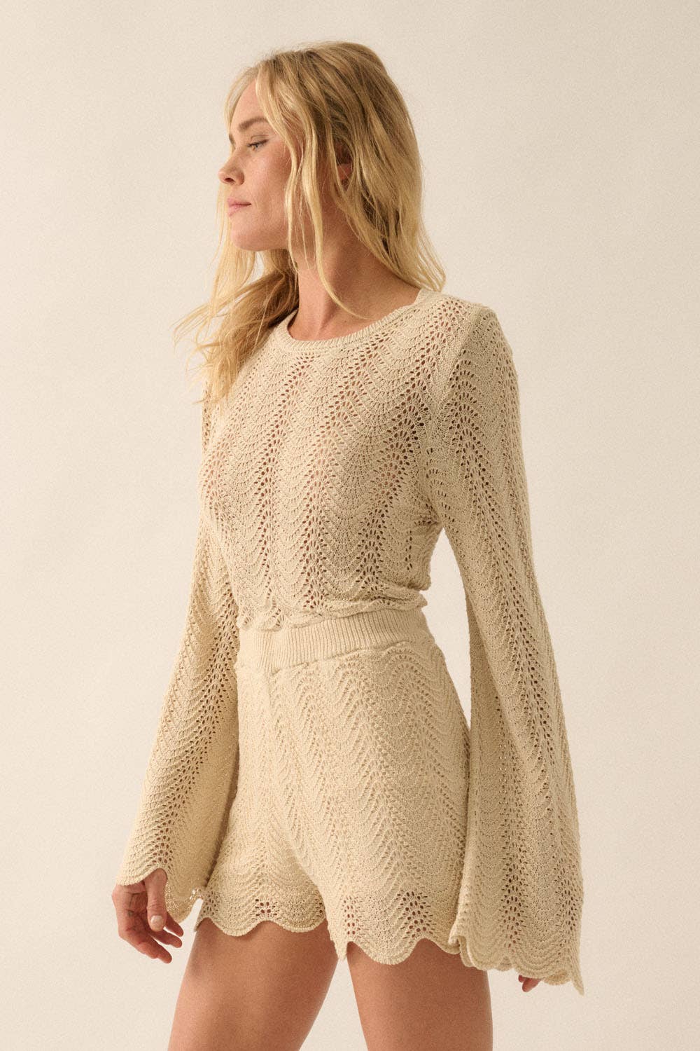 Crochet-Knit Open-Back Bell-Sleeve Romper