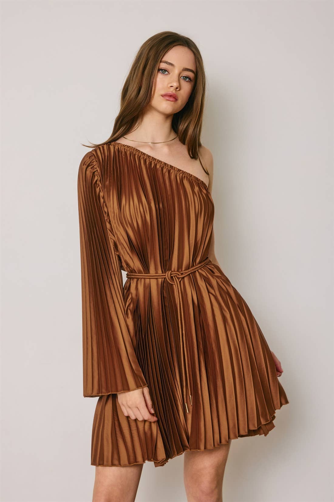 One Shoulder Pleated Satin Mini Dress
