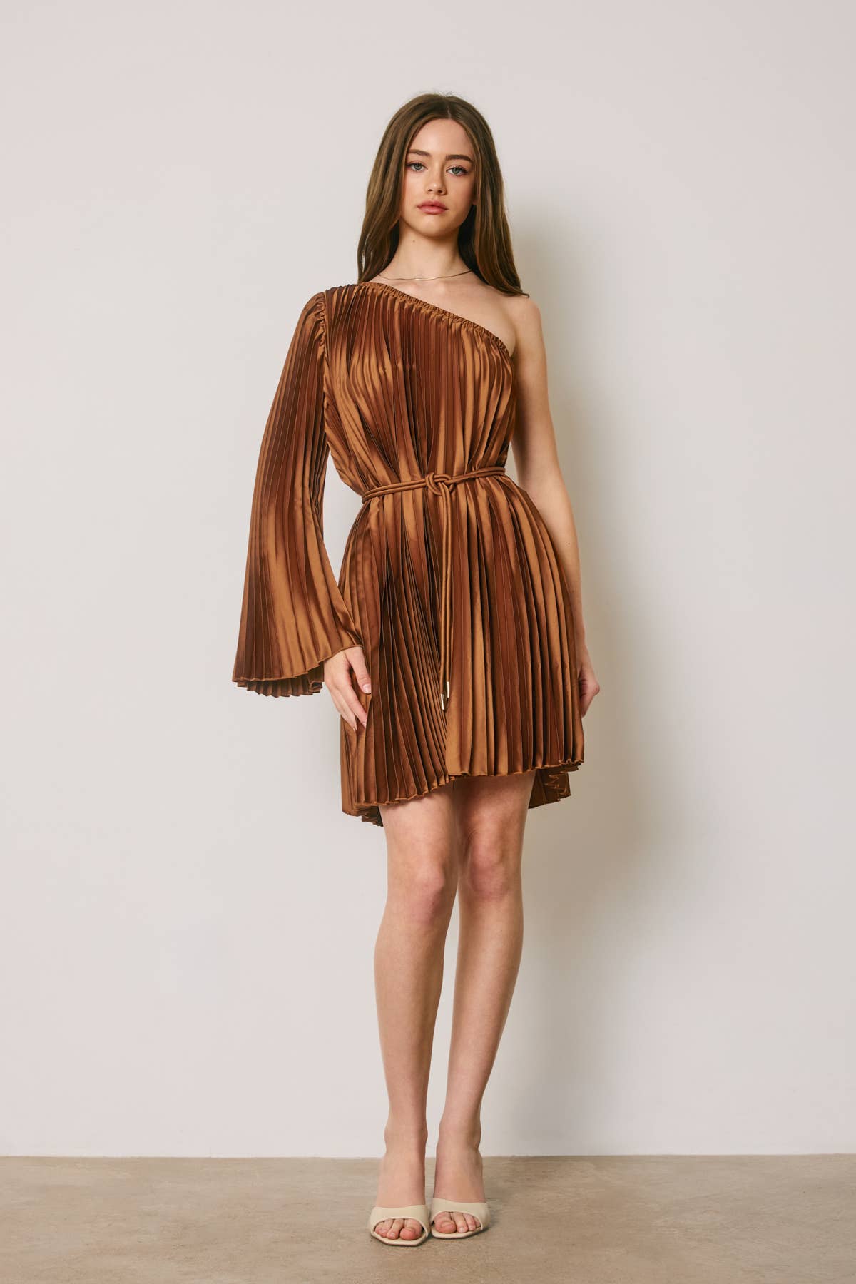 One Shoulder Pleated Satin Mini Dress