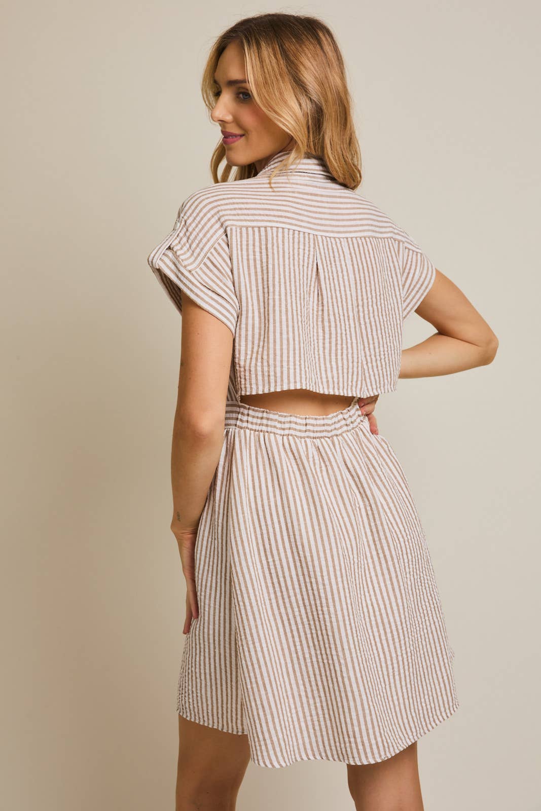 COLLAR BUTTON UP ROLL UP SHORT SLEEVE STRIPE MINI DRESS